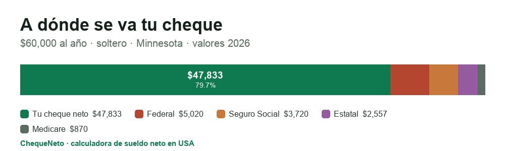 Desglose de un cheque en Minnesota (2026): cuánto es sueldo neto y cuánto se va en impuesto federal, Seguro Social, Medicare e impuesto estatal.